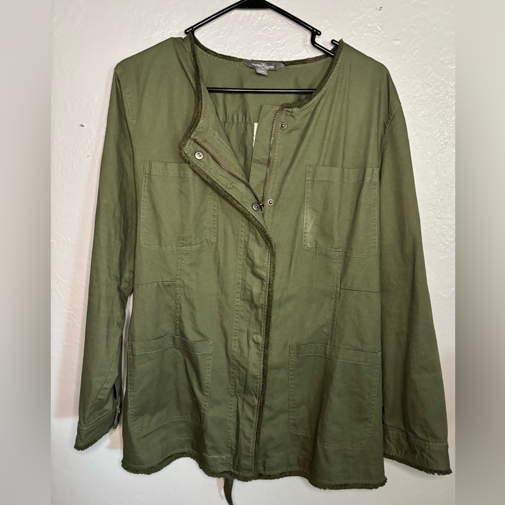Market & Spruce Women Green Long Sleeve Raw Edge  Zip Cotton‎ Belted Jacket XXL